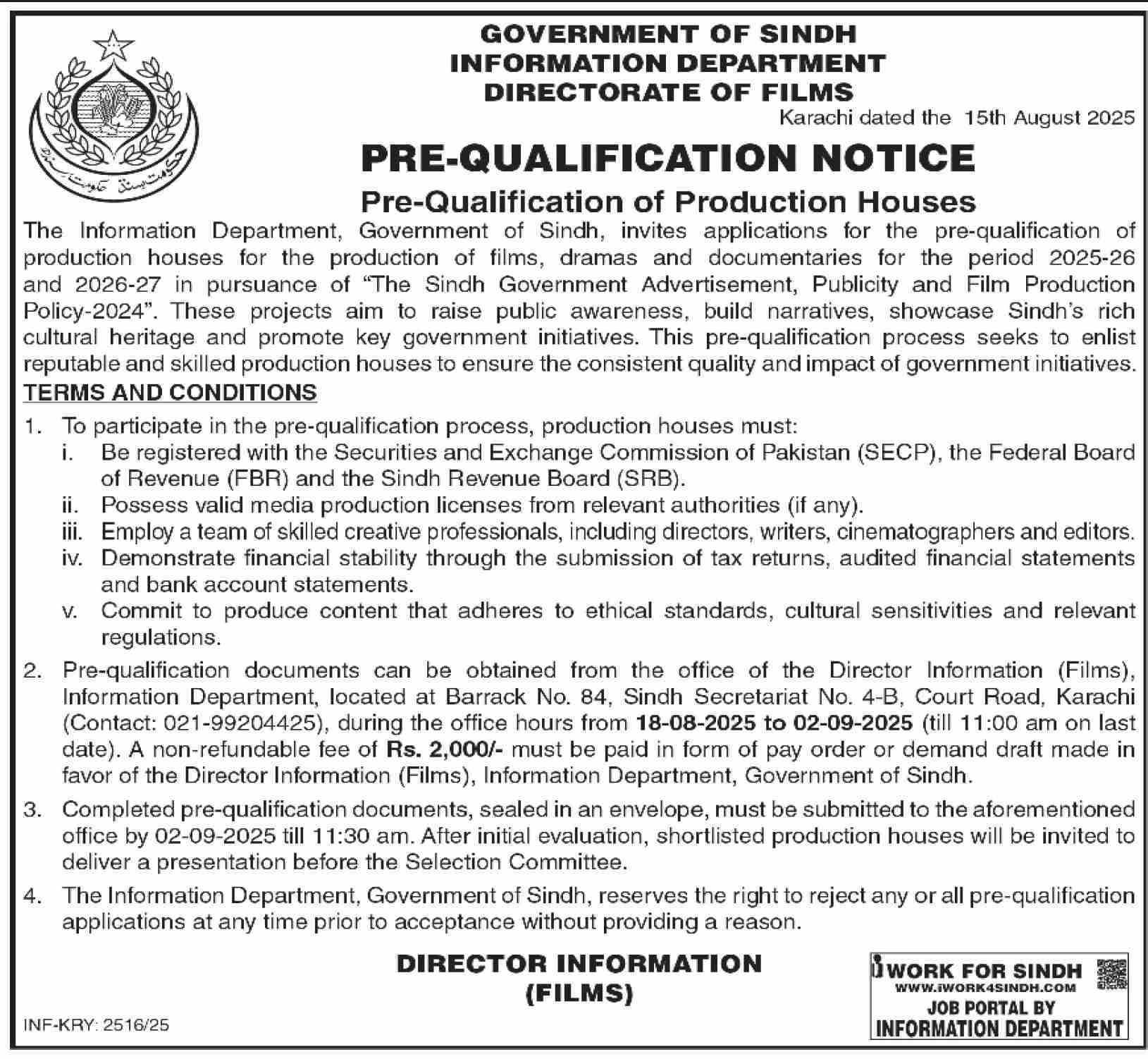 Information Department Sindh Tender Notice